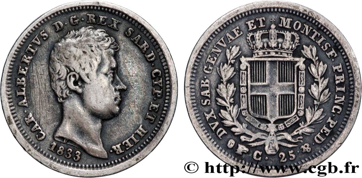 ITALIE - ROYAUME DE SARDAIGNE - CHARLES-ALBERT 25 Centesimi  1833 Turin TTB 