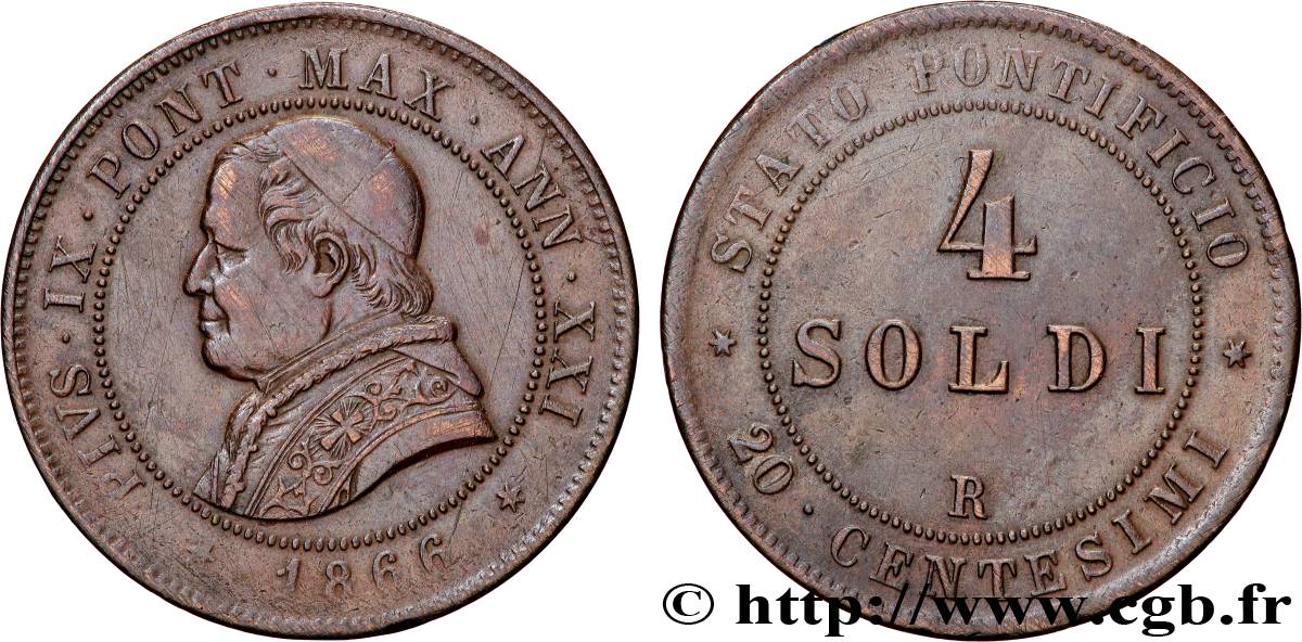 VATICAN AND PAPAL STATES 4 Soldi Pie IX  an XXI 1866 Rome XF 