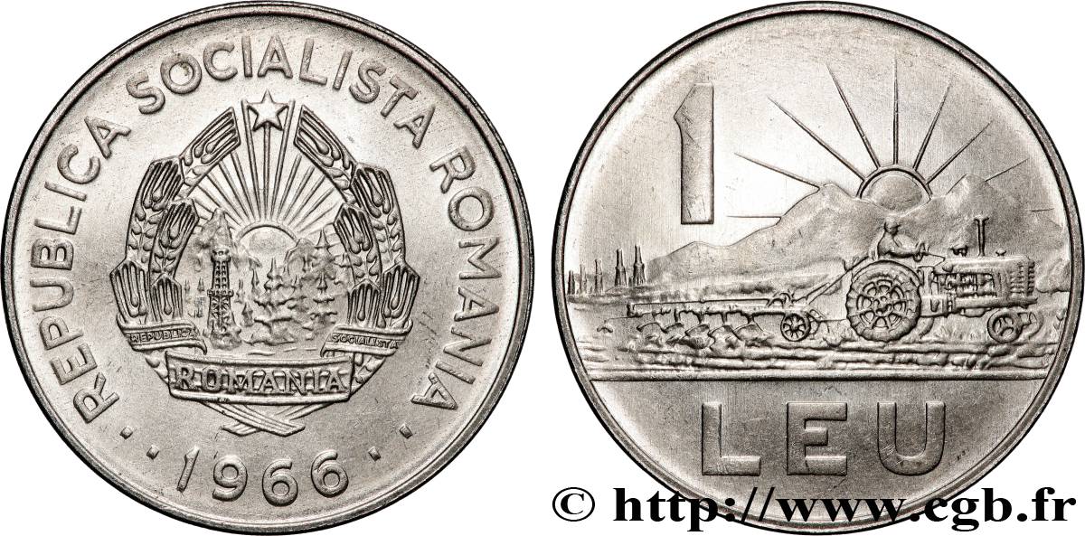 ROMANIA 1 Leu emblème / tracteur 1966 Bucarest SPL 