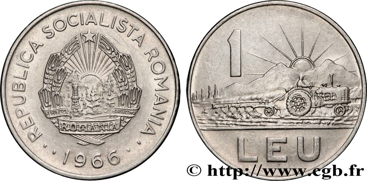 ROMANIA 1 Leu emblème / tracteur 1966 Bucarest AU 
