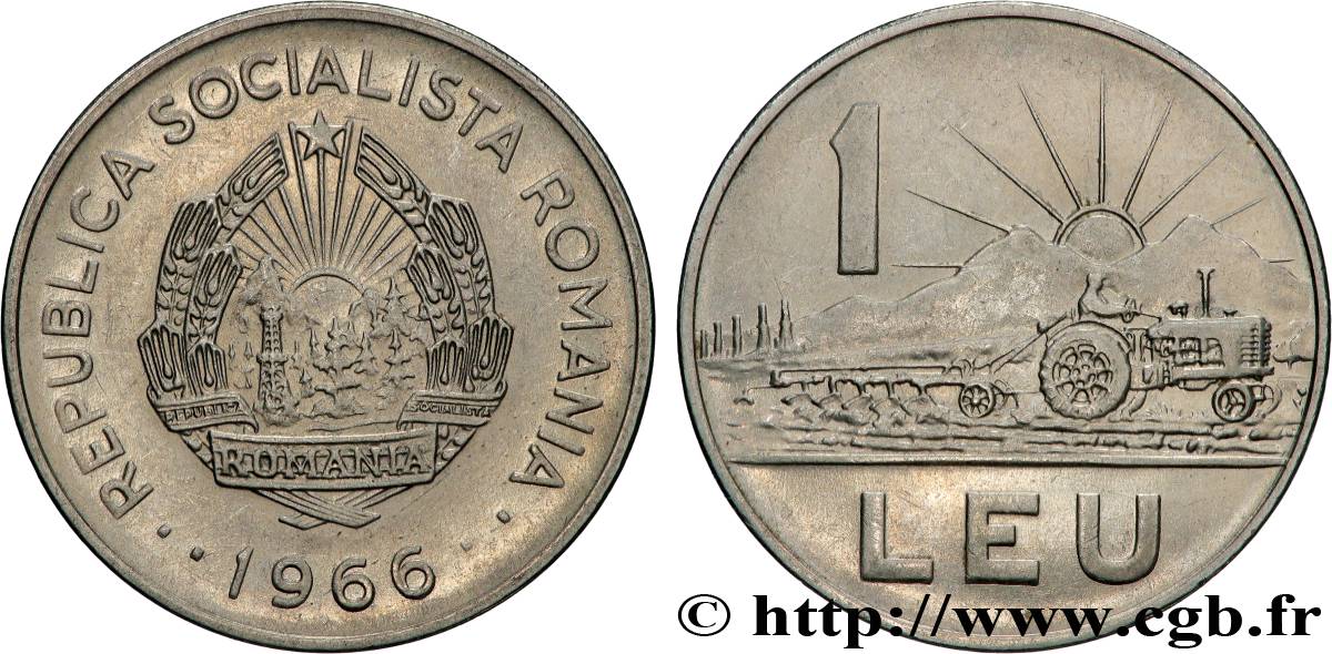 ROMANIA 1 Leu emblème / tracteur 1966 Bucarest AU 