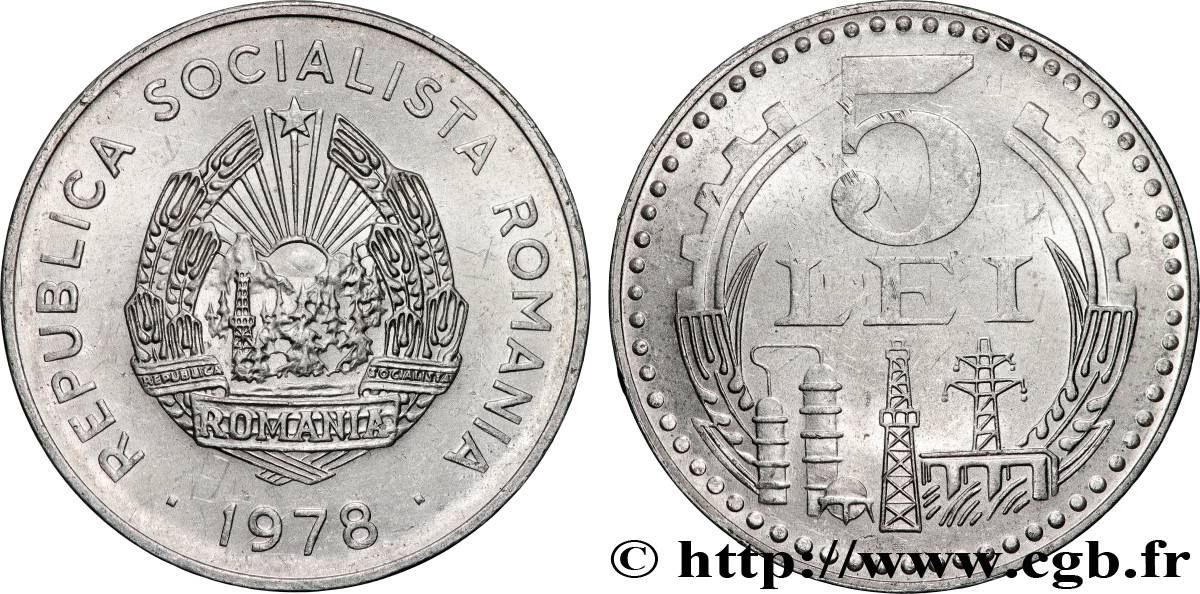 RUMANIA 5 Lei emblème / industries 1978 Bucarest EBC 