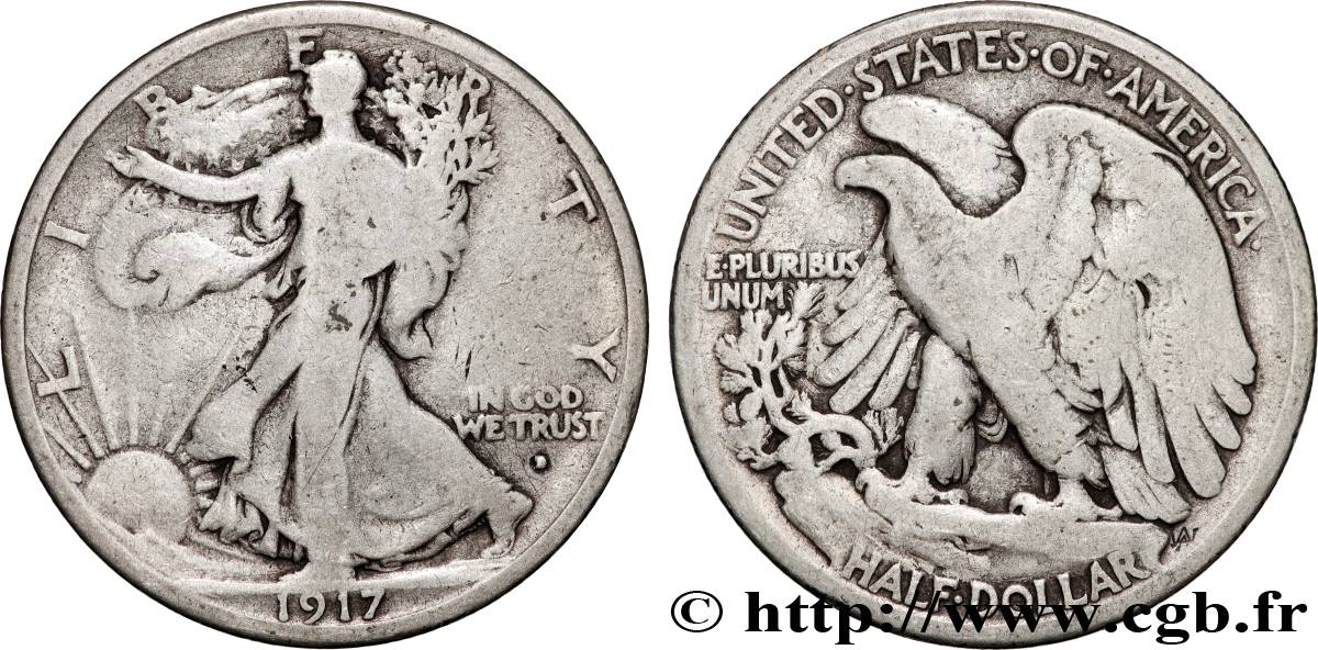 ÉTATS-UNIS D AMÉRIQUE 1/2 Dollar Walking Liberty 1917 Philadelphie TB 