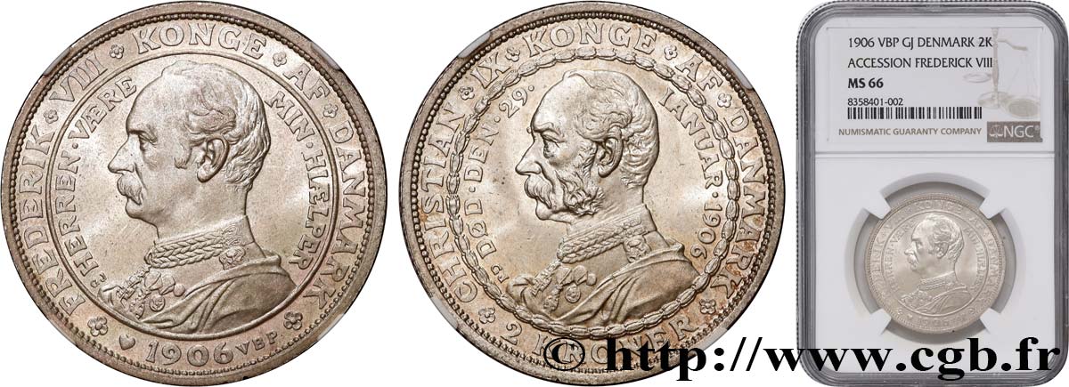 DENMARK 2 Kroner mort de Christian IX et accession de Frédéric VIII 1906 Copenhague MS66 NGC