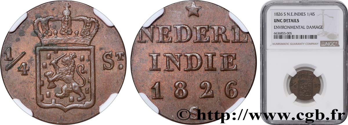 NETHERLANDS INDIES 1/4 Stuiver aux armes d’Utrecht pour Sumatra 1826 Utrecht MS NGC