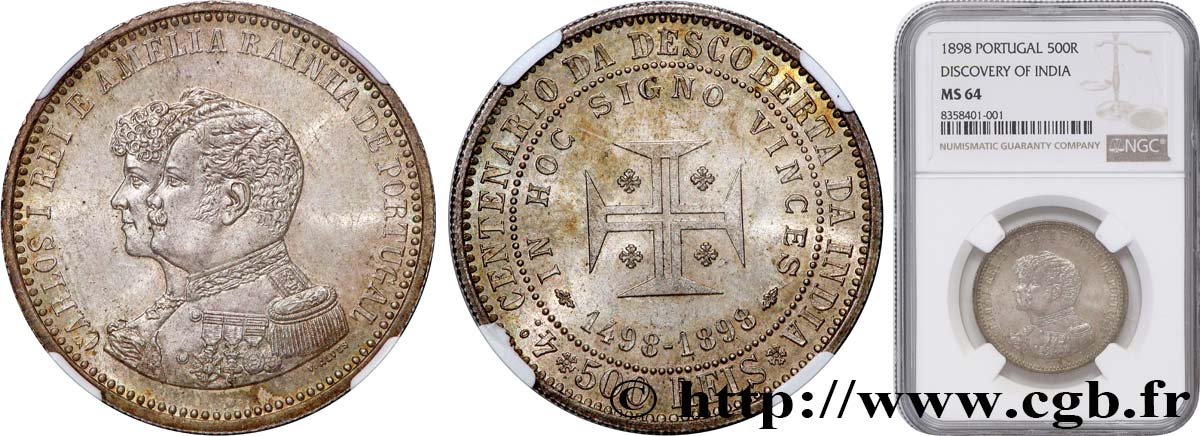 PORTUGAL 500 Réis Charles Ier et Amélie 1898  MS64 NGC