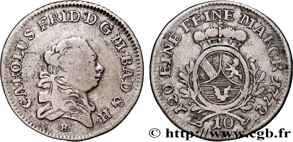 GERMANY - BADEN 10 Kreuzers Charles Frédérick 1772 Durlach VF 