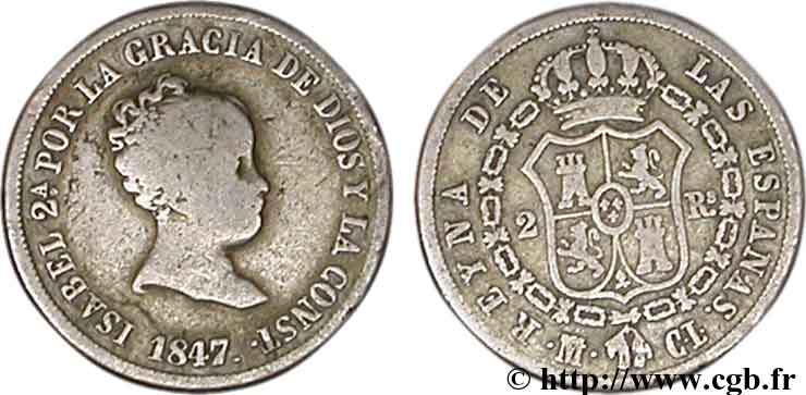 ESPAÑA 2 Reales  Isabelle II  1847 Madrid BC+ 