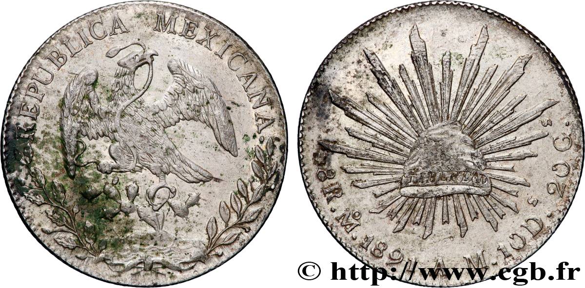 MEXIQUE 8 Reales Aigle / bonnet phrygien sur soleil 1891 Mexico TTB+ 