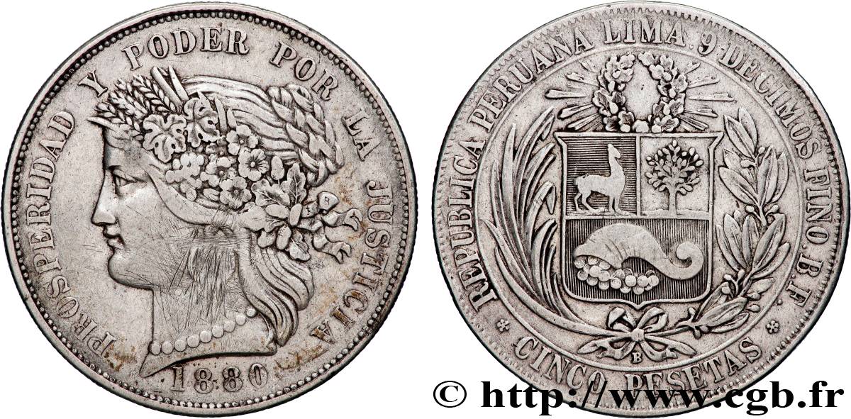PÉROU 5 Pesetas 1880 Lima TB+ 