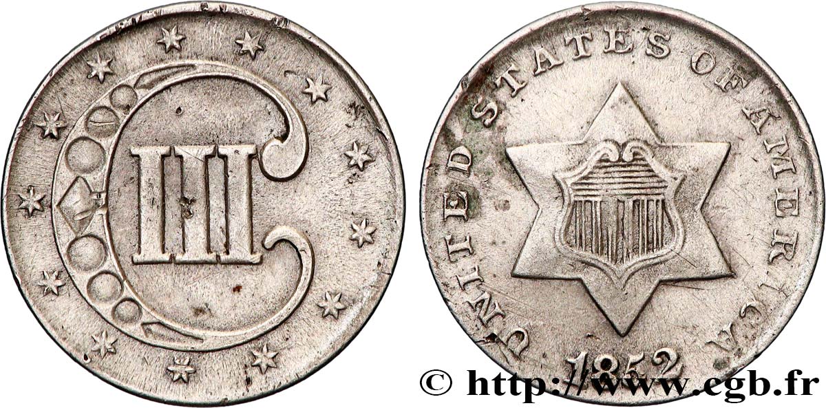 ÉTATS-UNIS D AMÉRIQUE 3 Cents 1852 Philadelphie TTB+ 