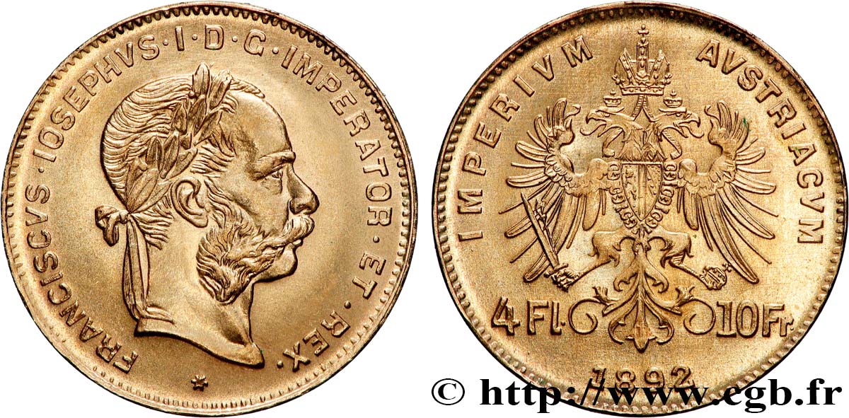 AUTRICHE 4 Florins ou 10 Francs François-Joseph Ier 1892 Vienne SPL 