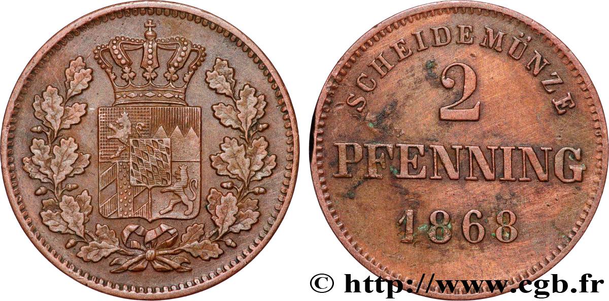 ALLEMAGNE - BAVIÈRE 2 Pfenninge Royaume de Bavière, écu couronné 1868  TTB 