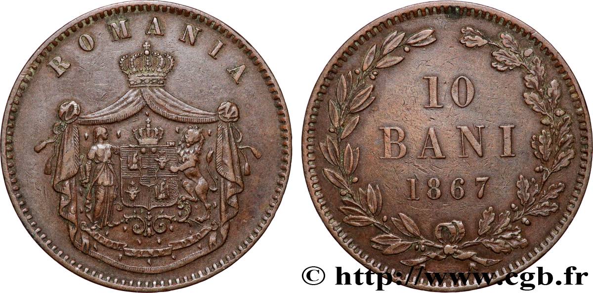 ROMANIA 10 Bani armes 1867 Heaton AU 