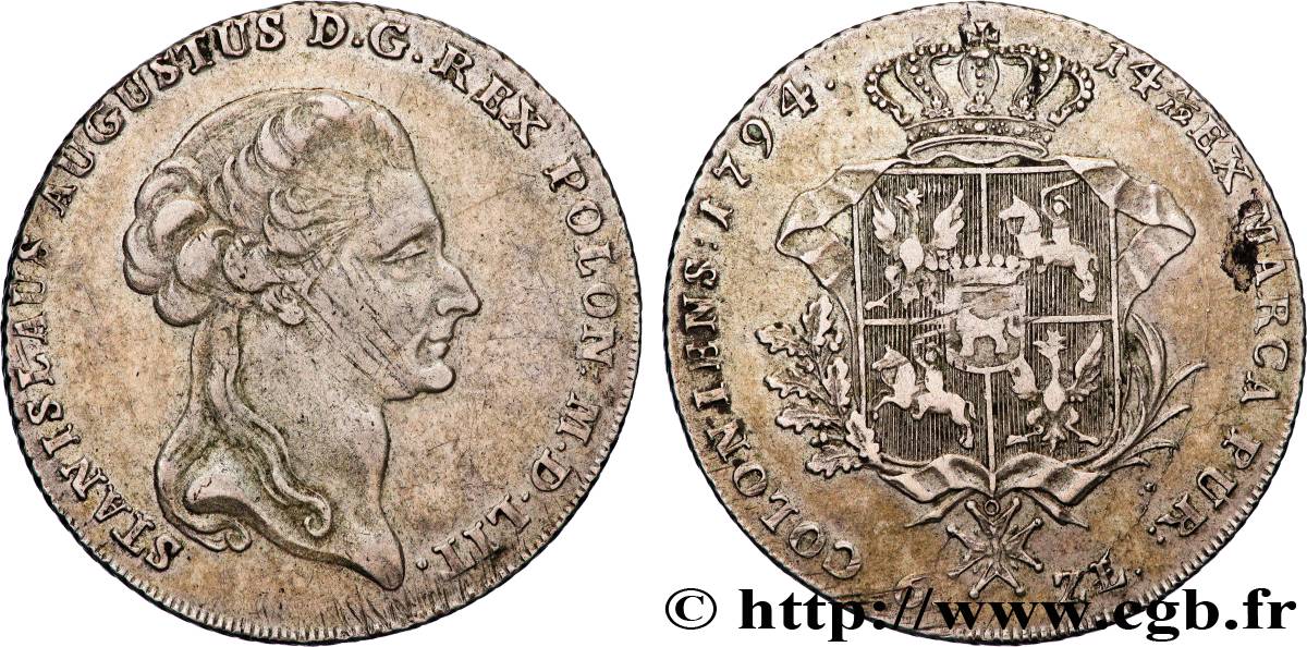 POLAND 6 Zlotych Royaume de Pologne et du Grand-Duché de Lituanie : Roi Stanislas II Auguste  1794 Varsovie XF 