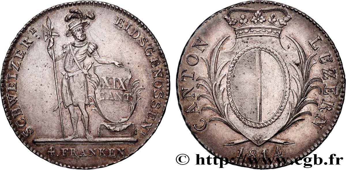 SUISSE - CANTON DE LUCERNA 4 Franken 1814 Lucerne MBC+ 
