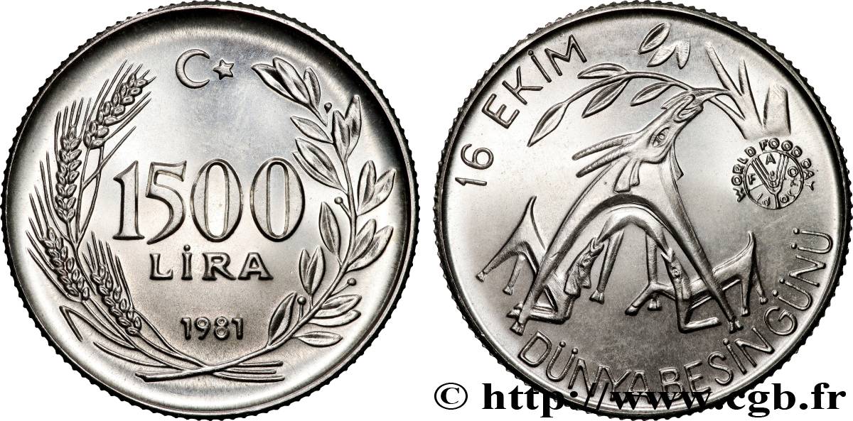 TÜRKEI 1500 Lira Proof Journée mondiale de l alimentation - FAO 1981 
 fST 