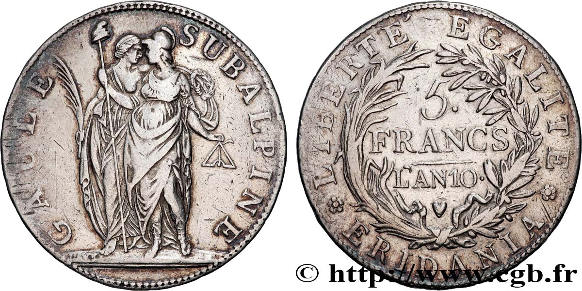 ITALIA - GALLIA SUBALPINA 5 Francs an 10 1802 Turin MBC+ 