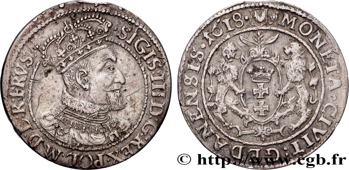 POLOGNE 1/4 de Thaler Sigismond III Vasa 1618 Dantzig TTB 