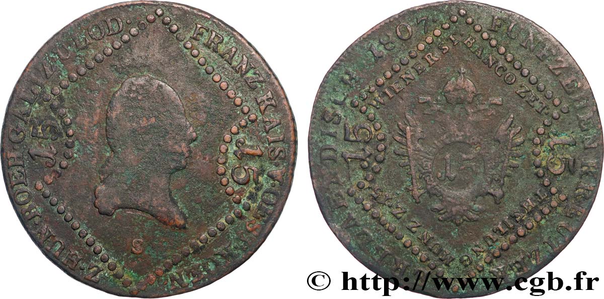 AUTRICHE 15 Kreuzer empereur François Ier 1807 Schmollnitz - S TB 