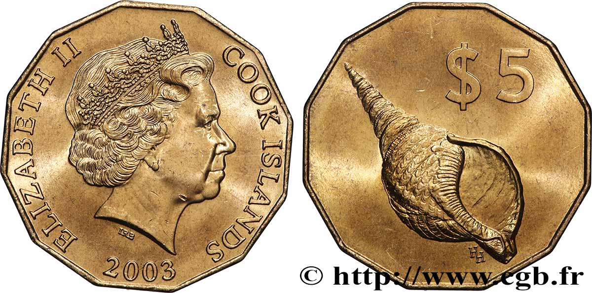 ÎLES COOK  5 Dollars Elisabeth II / Coquillage 2003 Canberra SPL 