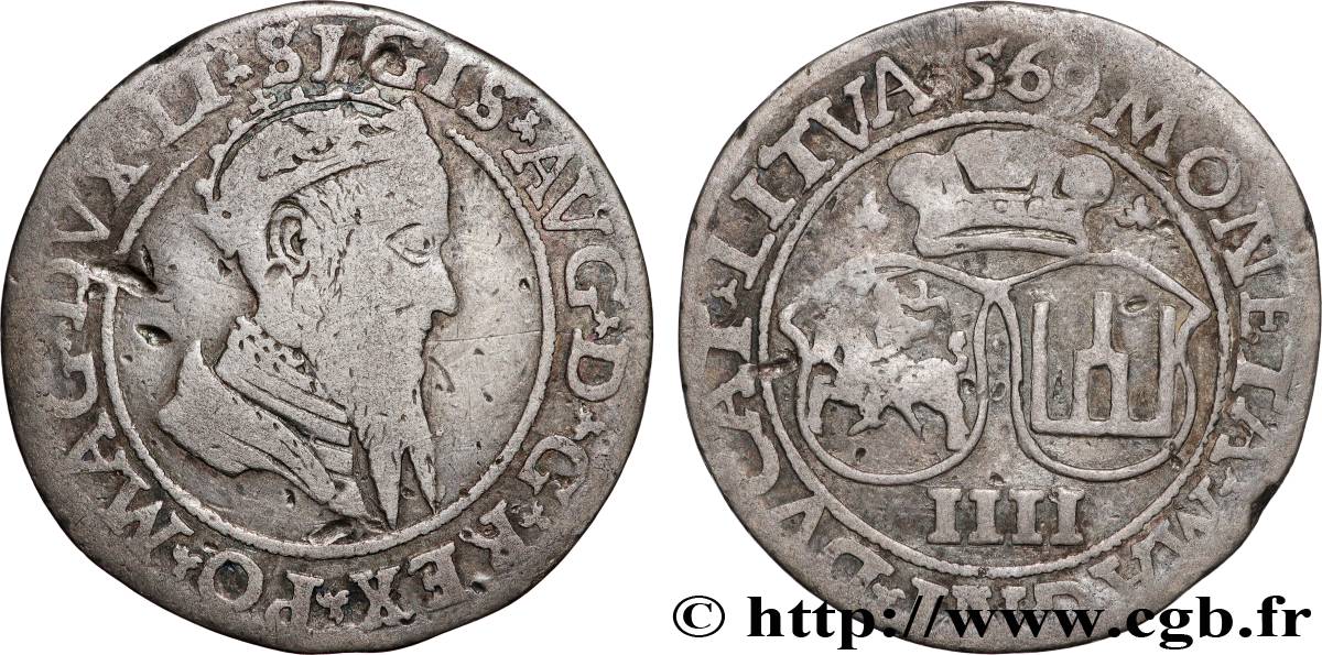 POLOGNE - ROYAUME DE POLOGNE - SIGISMOND II VASA Quatre groschen 1569 Marienburg TB 