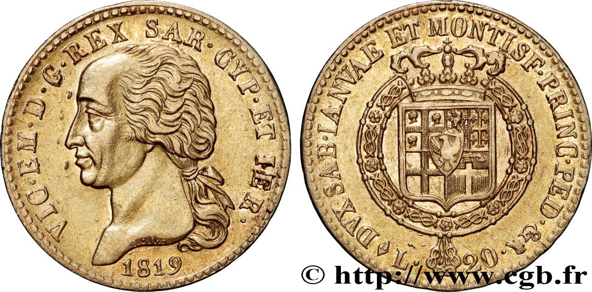 ITALIE - ROYAUME DE SARDAIGNE - VICTOR-EMMANUEL Ier 20 Lire 1819 Turin TTB+ 