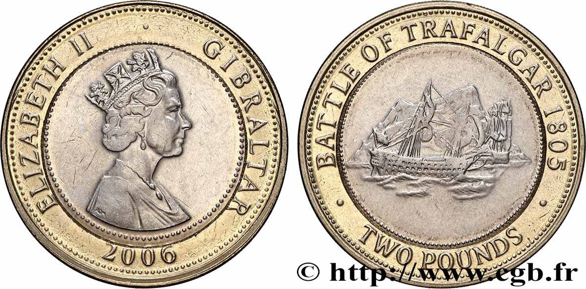 GIBRALTAR 2 Pounds (2 Livres) Élisabeth II / bataille navale de Trafalgar en 1805 2006 Llantrisant VZ 