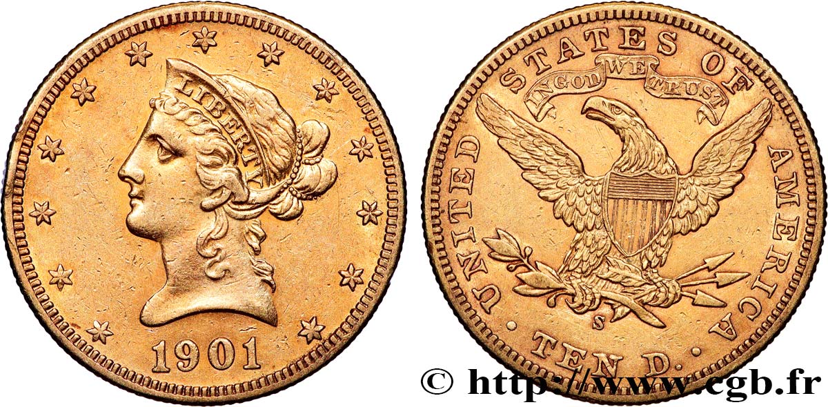 GOLD, PALLADIUM & PLATINUM INVESTMENT 10 Dollars  Liberty  1901 Philadelphie AU 