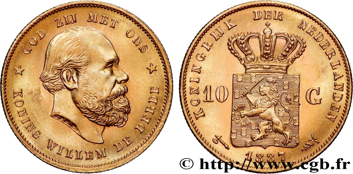 OR, PALLADIUM ET PLATINE INVESTISSEMENT 10 Gulden Guillaume III, 2e type 1887 Utrecht SPL 