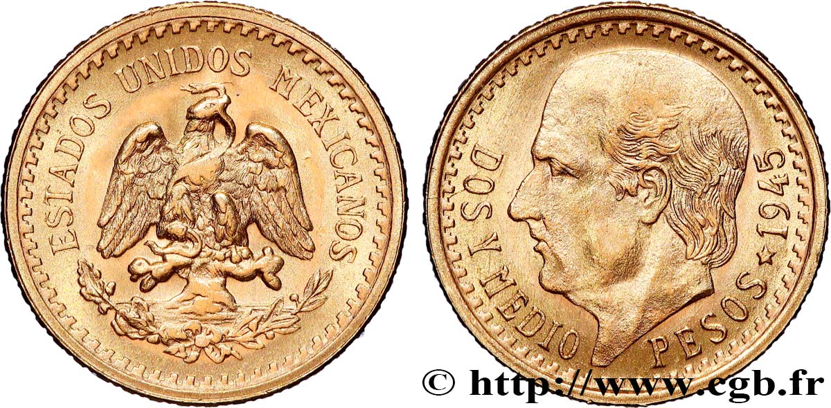 GOLD, PALLADIUM & PLATINUM INVESTMENT 2 1/2 Pesos Miguel Hidalgo 1945 Mexico MS 
