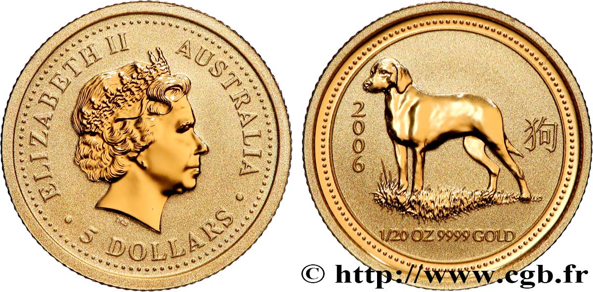 GOLD, PALLADIUM & PLATINUM INVESTMENT 1/20 Oz - 5 Dollars Proof Année du  Chien 2006 Perth MS 