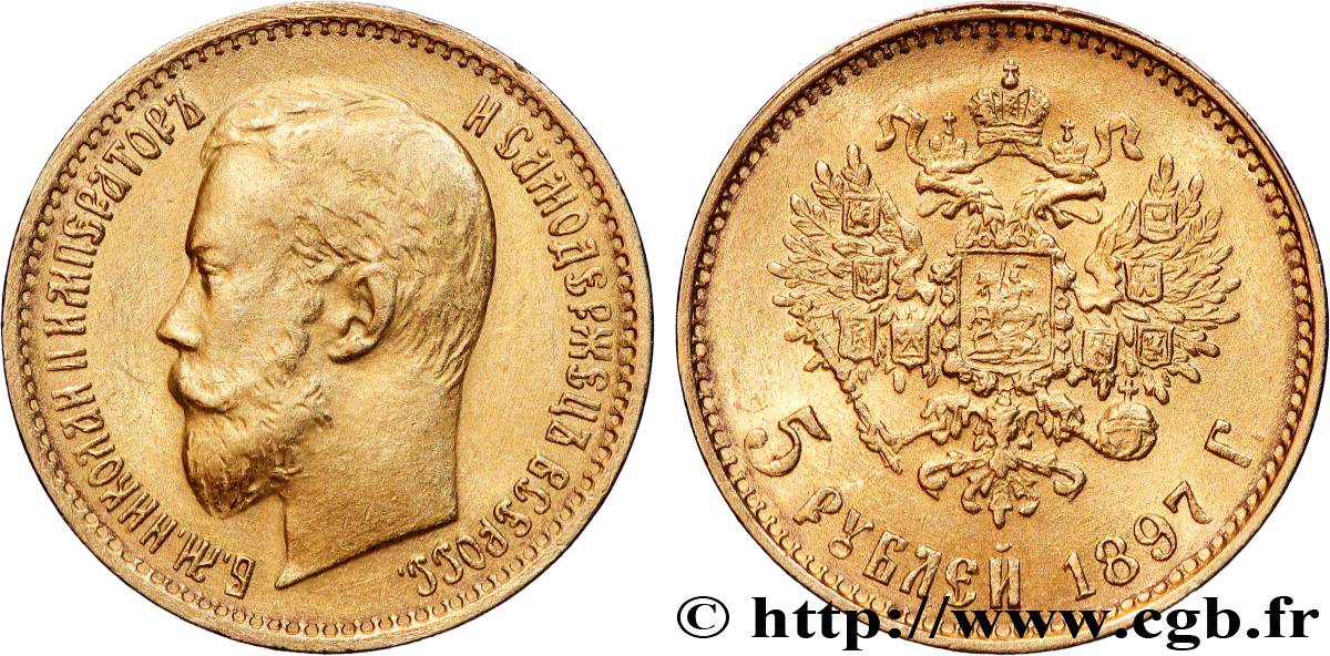 OR, PALLADIUM ET PLATINE INVESTISSEMENT 5 Roubles  1897 Saint-Petersbourg TTB+ 