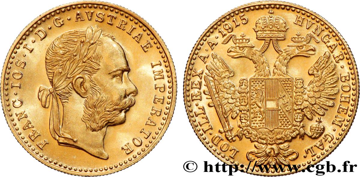 GOLD, PALLADIUM & PLATINUM INVESTMENT 1 Ducat refrappe moderne François-Joseph Ier 1915  MS 