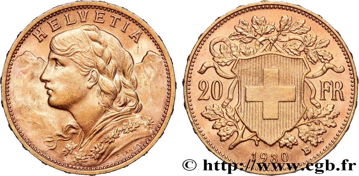 GOLD, PALLADIUM & PLATINUM INVESTMENT 20 Francs  Vreneli  1930 Berne AU 