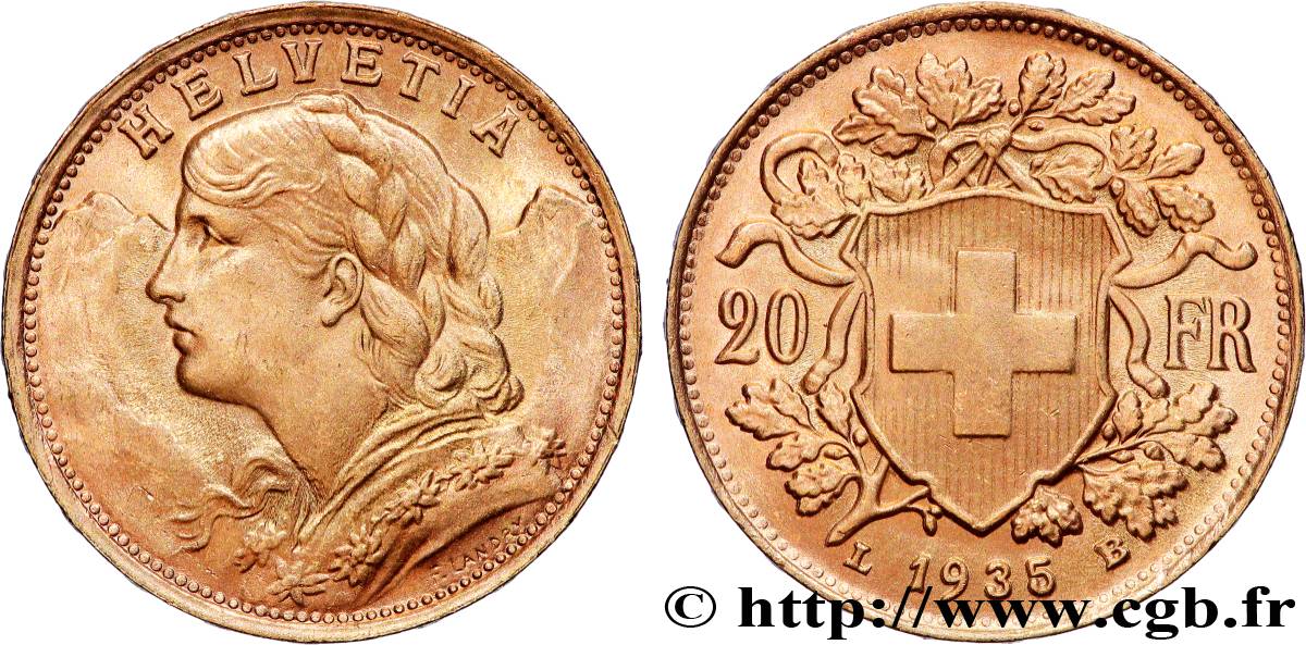 OR, PALLADIUM ET PLATINE INVESTISSEMENT 20 Francs  Vreneli  1935 Berne SUP 