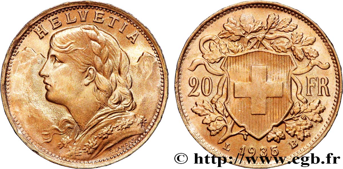 OR, PALLADIUM ET PLATINE INVESTISSEMENT 20 Francs  Vreneli  1935 Berne SUP 