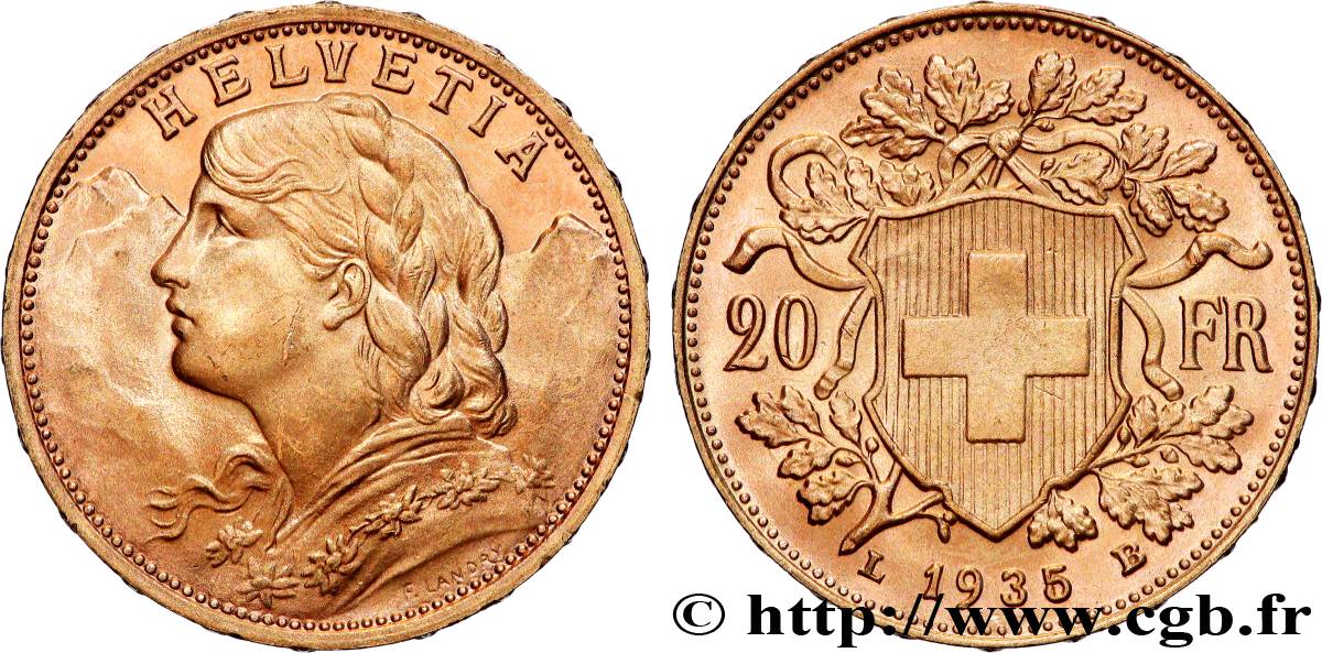 GOLD, PALLADIUM & PLATINUM INVESTMENT 20 Francs  Vreneli  1935 Berne AU 