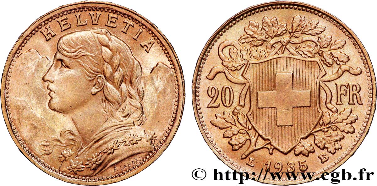 GOLD, PALLADIUM & PLATINUM INVESTMENT 20 Francs  Vreneli  1935 Berne AU 