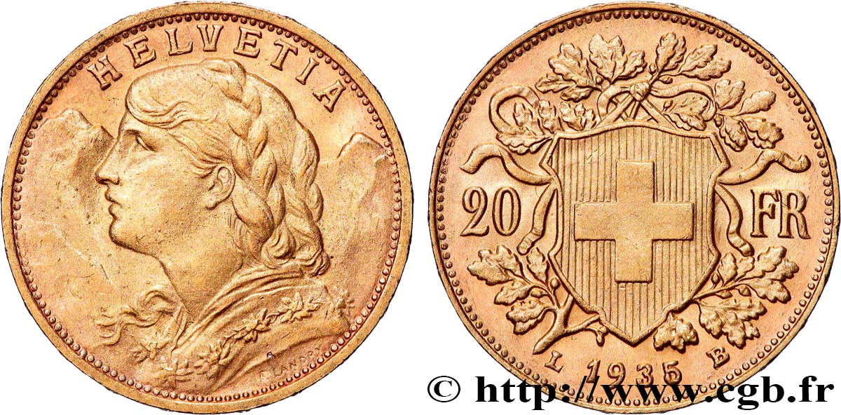 OR, PALLADIUM ET PLATINE INVESTISSEMENT 20 Francs  Vreneli  1935 Berne SUP 
