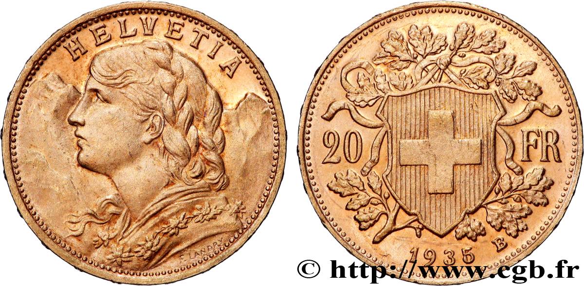 GOLD, PALLADIUM & PLATINUM INVESTMENT 20 Francs  Vreneli  1935 Berne AU 