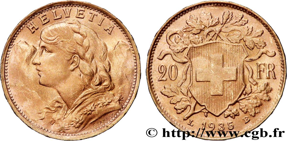OR, PALLADIUM ET PLATINE INVESTISSEMENT 20 Francs  Vreneli  1935 Berne SUP 