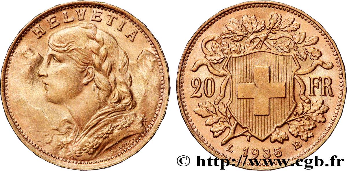 OR, PALLADIUM ET PLATINE INVESTISSEMENT 20 Francs  Vreneli  1935 Berne SUP 