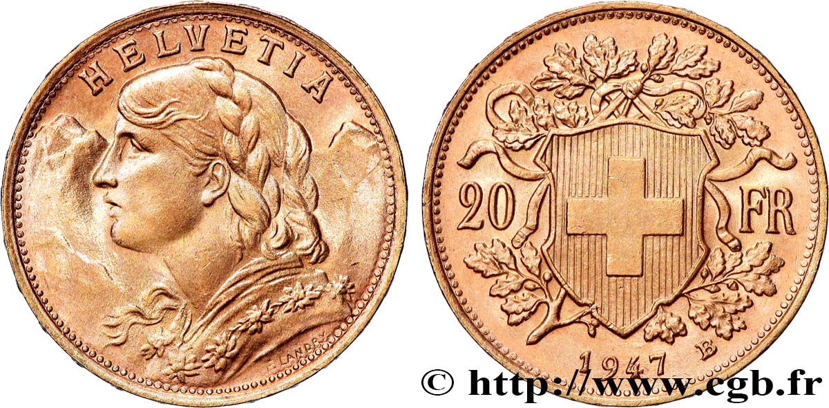 GOLD, PALLADIUM & PLATINUM INVESTMENT 20 Francs or  Vreneli  1947 Berne MS 