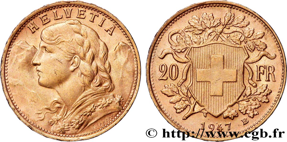 OR, PALLADIUM ET PLATINE INVESTISSEMENT 20 Francs or  Vreneli  1947 Berne SUP 