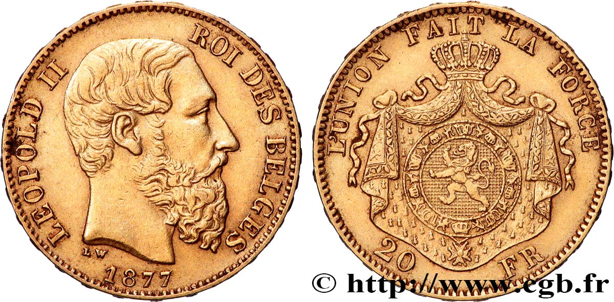 OR, PALLADIUM ET PLATINE INVESTISSEMENT 20 Francs Léopold II 1877 Bruxelles TTB+ 