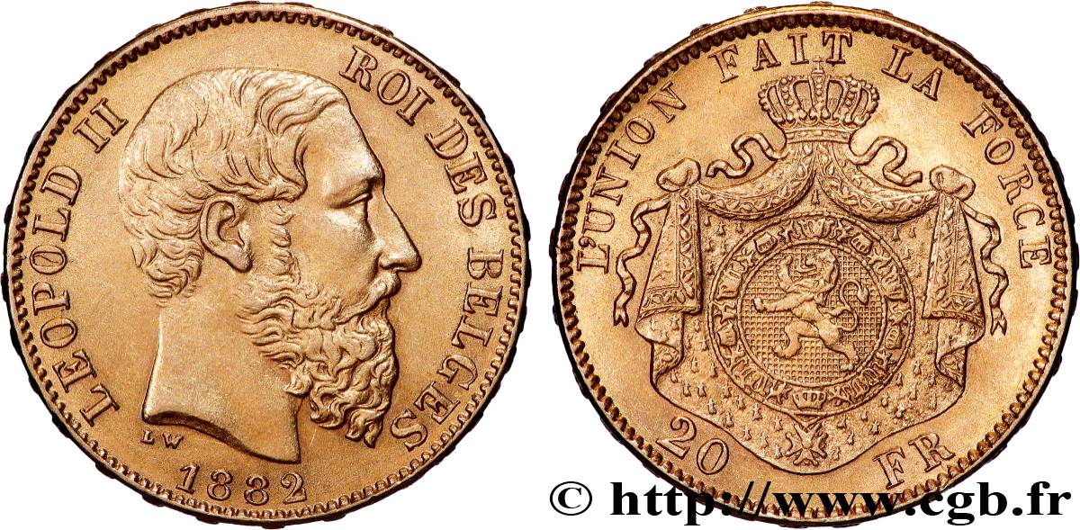 OR, PALLADIUM ET PLATINE INVESTISSEMENT 20 Francs Léopold II 1882 Bruxelles SUP 