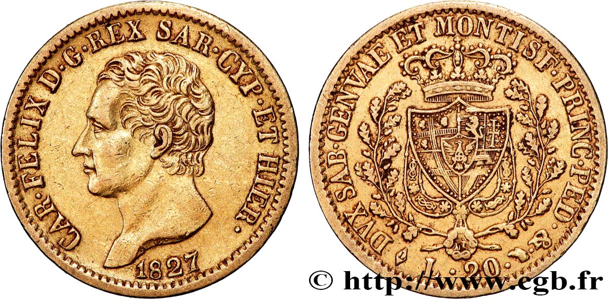GOLD, PALLADIUM & PLATINUM INVESTMENT 20 Lire  1827 Turin AU 