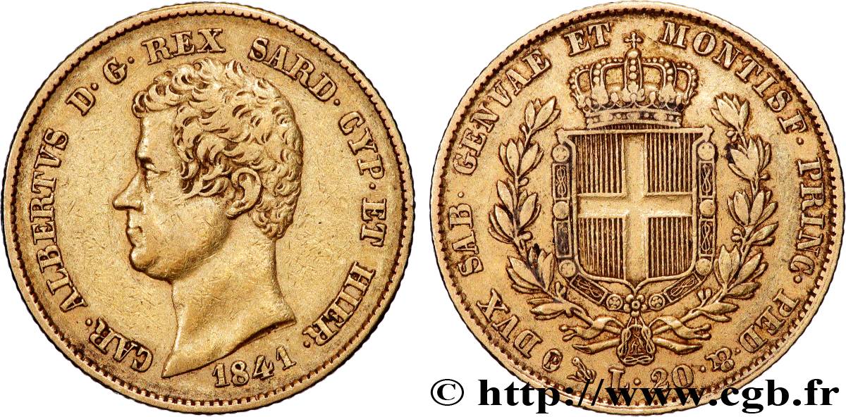GOLD, PALLADIUM & PLATINUM INVESTMENT 20 Lire Charles-Albert 1841 Gênes XF 