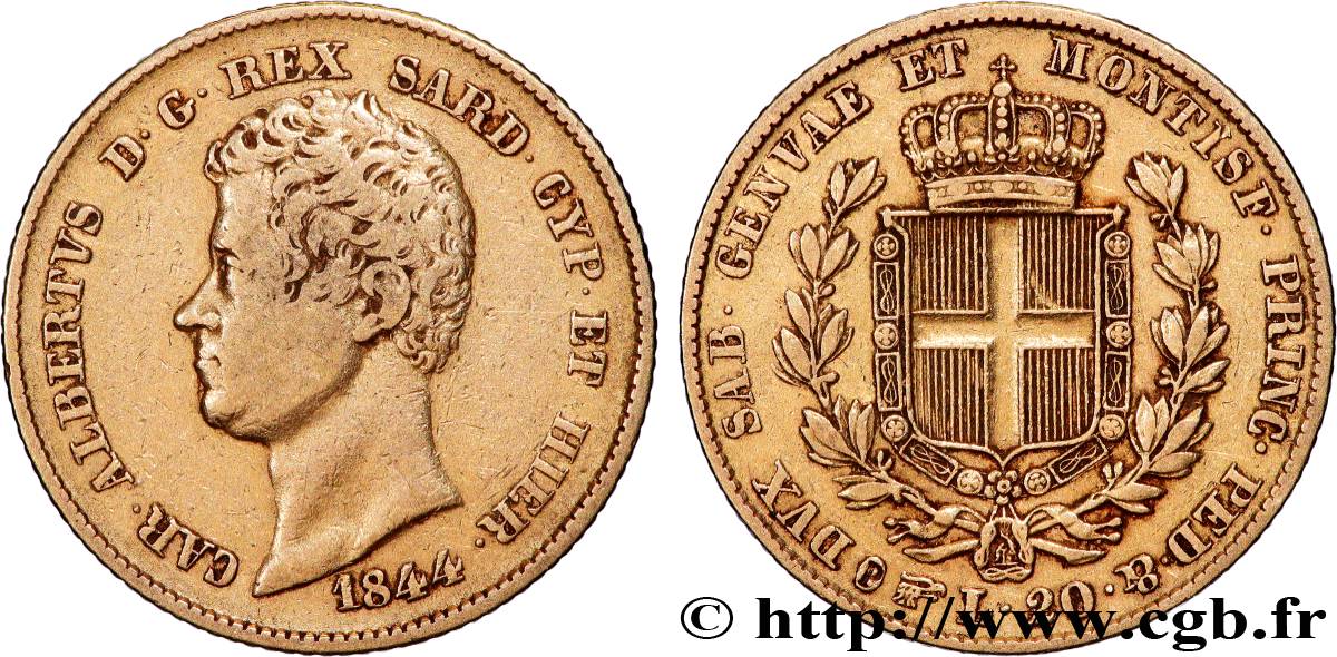 GOLD, PALLADIUM & PLATINUM INVESTMENT 20 Lire Charles-Albert 1844 Turin XF 